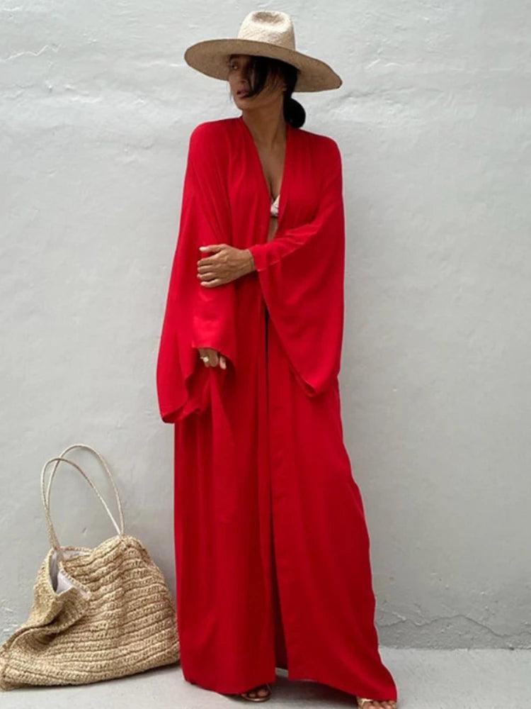 Solid Beach Cover Up Women Self Belted Wrap Kimono Dress
