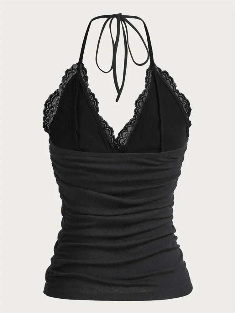 Goth Grunge Punk Black Lace Patchwork Halter Top Women Summer Solid Ruched Backless Sleeveless Tank Top Streetwear Y2K Clothes