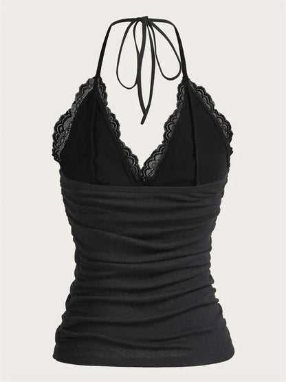 Goth Grunge Punk Black Lace Patchwork Halter Top Women Summer Solid Ruched Backless Sleeveless Tank Top Streetwear Y2K Clothes