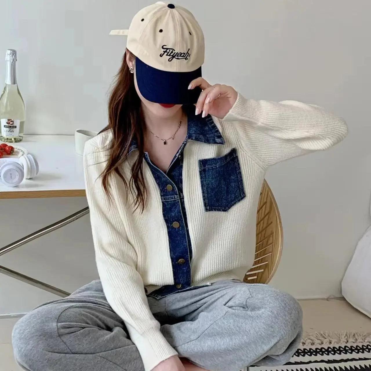 Small Spring Autumn Outerwears Female Jeans Coat Short Black Patchwork Crop Women's Denim Jackets Knitted 2024 New Collection In