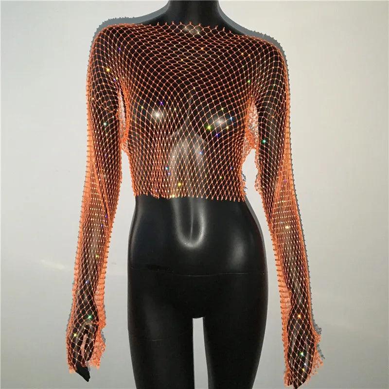 Women Sexy Mesh See Through T Shirt Shiny Rhinestone Fishnet Hollow Out Crop Top Long Sleeve Beach Cover Up Party Club Tank Tops