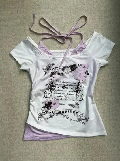 Vintage Fake Two Piece Halter Lace Up T-shirts Y2k Tops