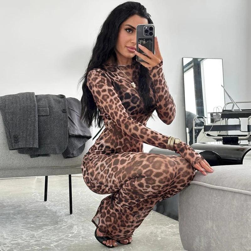 Dress Summer Women Leopard Print Mesh O Neck Long Sleeve Sexy See Through Maxi  Fashion Outfits Beach Vacation Nightclub