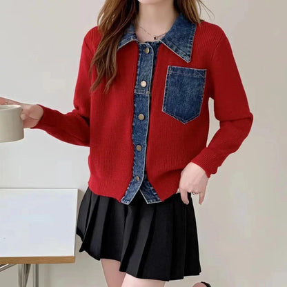 Small Spring Autumn Outerwears Female Jeans Coat Short Black Patchwork Crop Women's Denim Jackets Knitted 2024 New Collection In