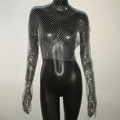 Women Sexy Mesh See Through T Shirt Shiny Rhinestone Fishnet Hollow Out Crop Top Long Sleeve Beach Cover Up Party Club Tank Tops