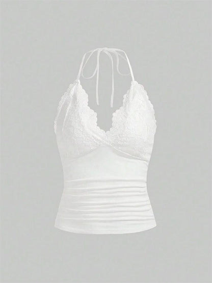 Goth Grunge Punk Black Lace Patchwork Halter Top Women Summer Solid Ruched Backless Sleeveless Tank Top Streetwear Y2K Clothes