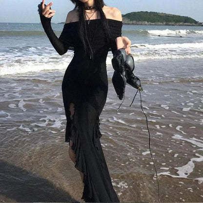 SUCHCUTE Elegant Off Shoulder Ruffles Split Long Dress Black Fashion Long Sleeve Party Dresses Women Beach Vacation Outfits 2024