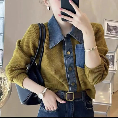 Small Spring Autumn Outerwears Female Jeans Coat Short Black Patchwork Crop Women's Denim Jackets Knitted 2024 New Collection In