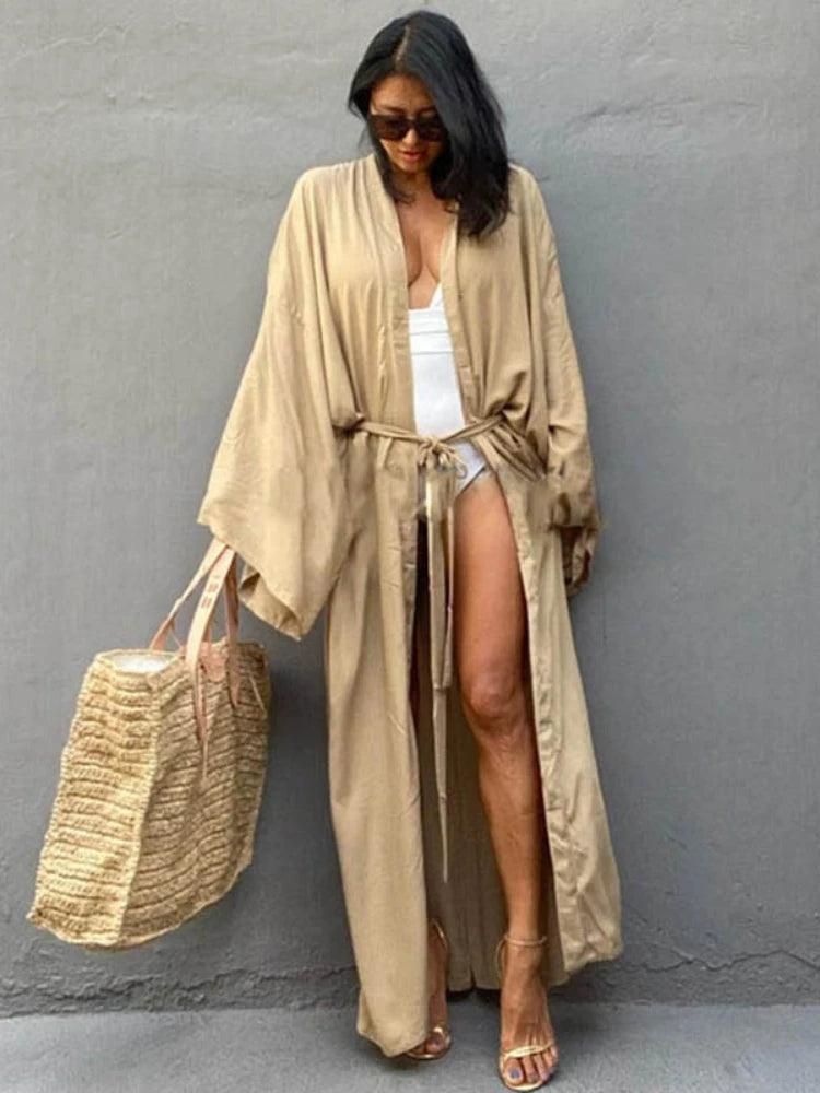 Solid Beach Cover Up Women Self Belted Wrap Kimono Dress
