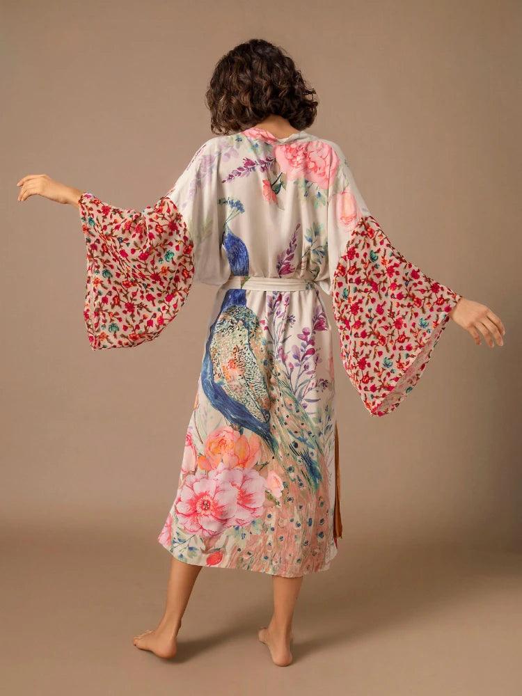 Beach Kimono for Women Peacock Printed Cover Up Dress