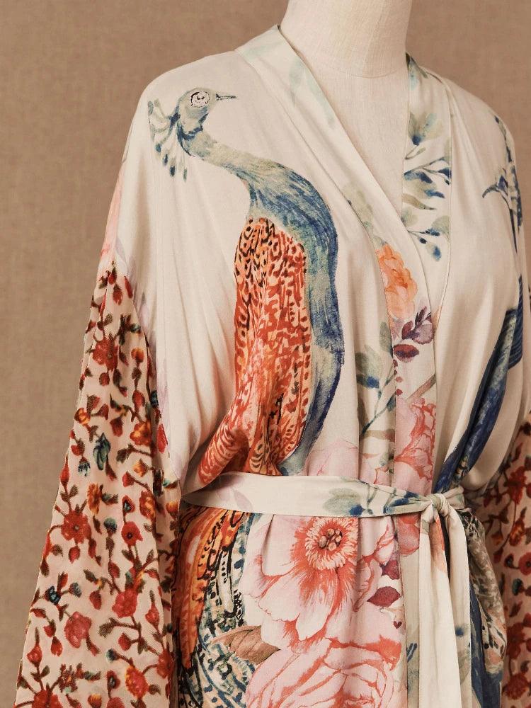 Beach Kimono for Women Peacock Printed Cover Up Dress