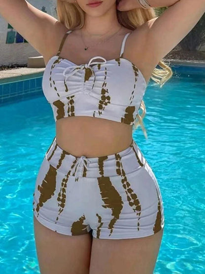 2024 Tie Dye Bikini Drawstring Swimsuit Women High Waist Shorts Swimwear Female Padded Bathing Suit Swimming Beachwear Summer