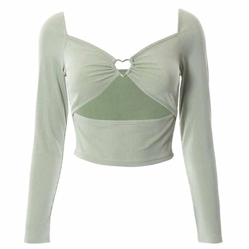 Hollow-Out V-neck Long Sleeve Crop Tops Spring Fall Casual Fashion Women Square Collar Slim Ribbed T-Shirts Backless Tee