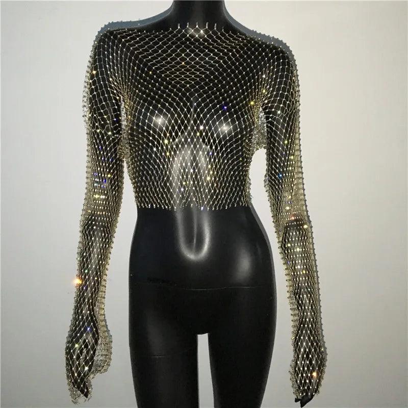 Women Sexy Mesh See Through T Shirt Shiny Rhinestone Fishnet Hollow Out Crop Top Long Sleeve Beach Cover Up Party Club Tank Tops