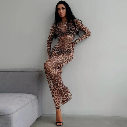 Dress Summer Women Leopard Print Mesh O Neck Long Sleeve Sexy See Through Maxi  Fashion Outfits Beach Vacation Nightclub