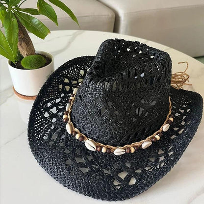 Summer Bohemian Shell Straw Hat Beach Cowboy Wide Brim