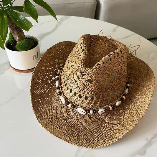 Summer Bohemian Shell Straw Hat Beach Cowboy Wide Brim