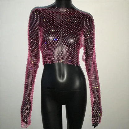 Women Sexy Mesh See Through T Shirt Shiny Rhinestone Fishnet Hollow Out Crop Top Long Sleeve Beach Cover Up Party Club Tank Tops