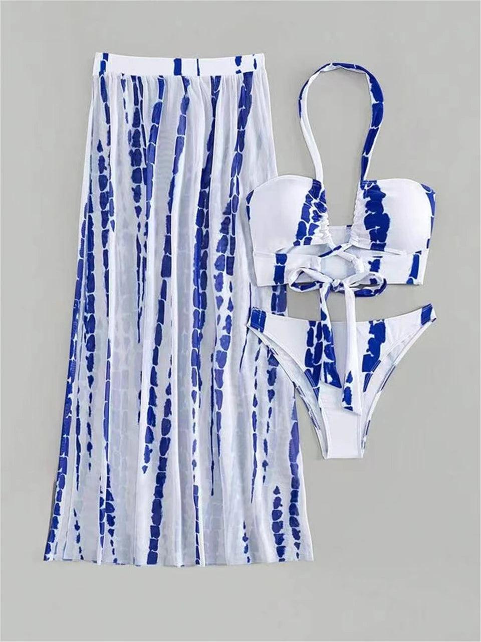 3 Pieces Tie Dye Cross Bikini 2023 Women Sexy Halter Swimsuit & Cover Up Pants Swimwear Bathers Bathing Swimming Suit Beachwear