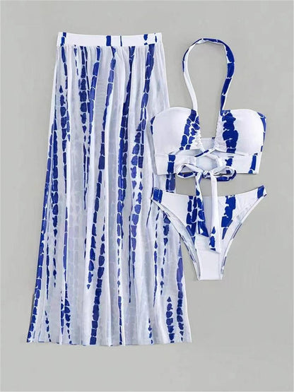 3 Pieces Tie Dye Cross Bikini 2023 Women Sexy Halter Swimsuit & Cover Up Pants Swimwear Bathers Bathing Swimming Suit Beachwear