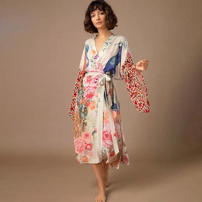 Beach Kimono for Women Peacock Printed Cover Up Dress