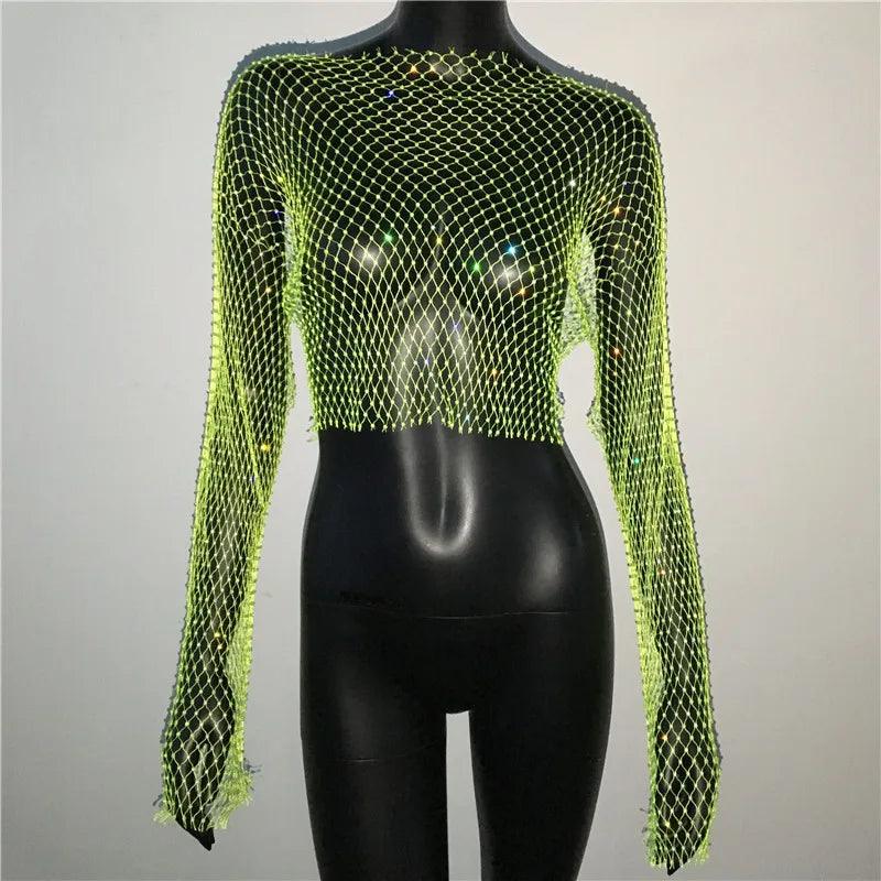 Women Sexy Mesh See Through T Shirt Shiny Rhinestone Fishnet Hollow Out Crop Top Long Sleeve Beach Cover Up Party Club Tank Tops