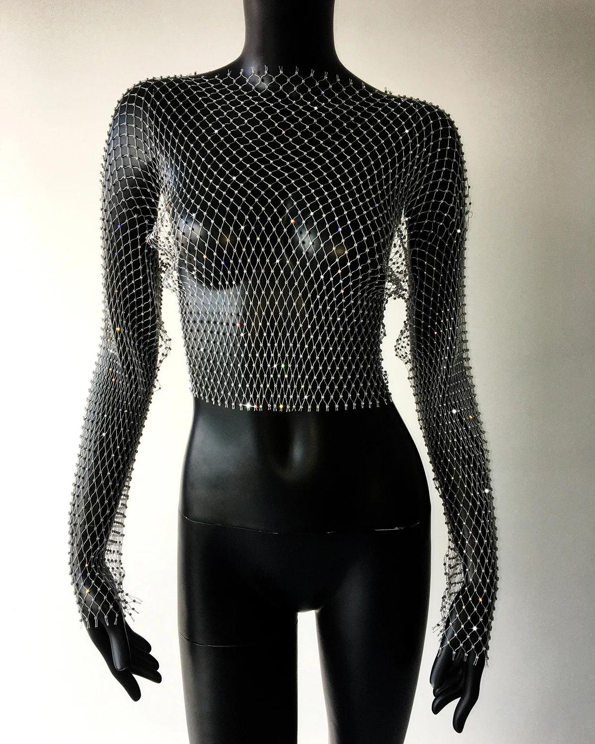 Women Sexy Mesh See Through T Shirt Shiny Rhinestone Fishnet Hollow Out Crop Top Long Sleeve Beach Cover Up Party Club Tank Tops