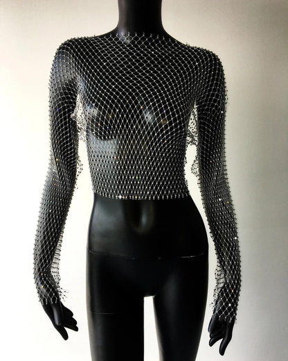 Women Sexy Mesh See Through T Shirt Shiny Rhinestone Fishnet Hollow Out Crop Top Long Sleeve Beach Cover Up Party Club Tank Tops
