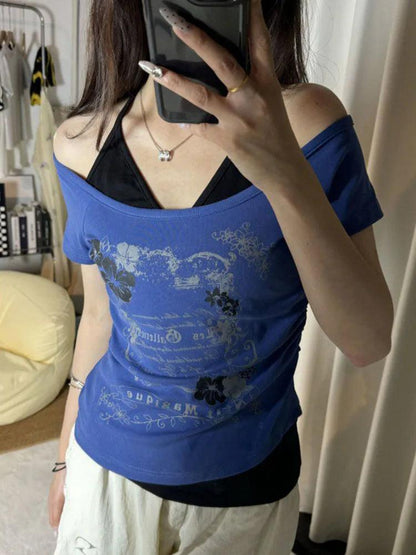 Vintage Fake Two Piece Halter Lace Up T-shirts Y2k Tops