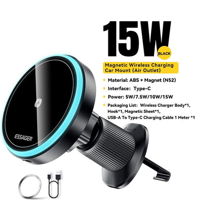 Essager Magnetic Wireless Charger Car Phone Holder 15W RGB Fast Charging Mount For iPhone 15 14 13 Android