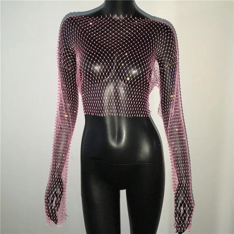 Women Sexy Mesh See Through T Shirt Shiny Rhinestone Fishnet Hollow Out Crop Top Long Sleeve Beach Cover Up Party Club Tank Tops