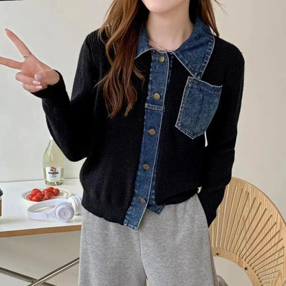 Small Spring Autumn Outerwears Female Jeans Coat Short Black Patchwork Crop Women's Denim Jackets Knitted 2024 New Collection In