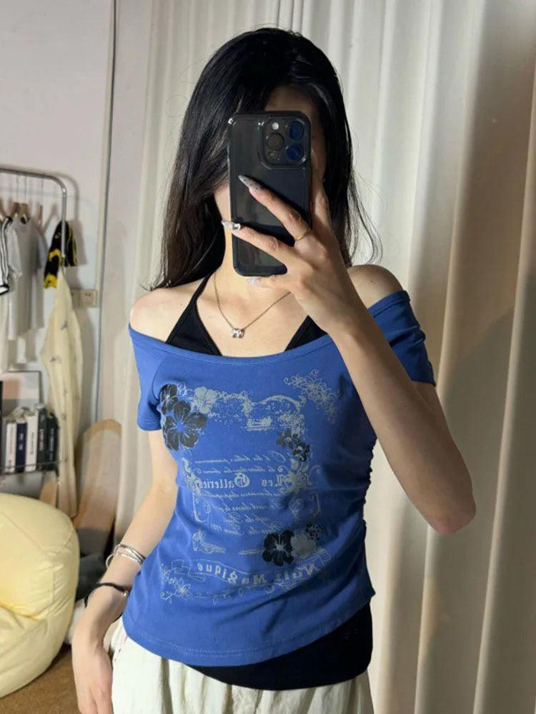 Vintage Fake Two Piece Halter Lace Up T-shirts Y2k Tops