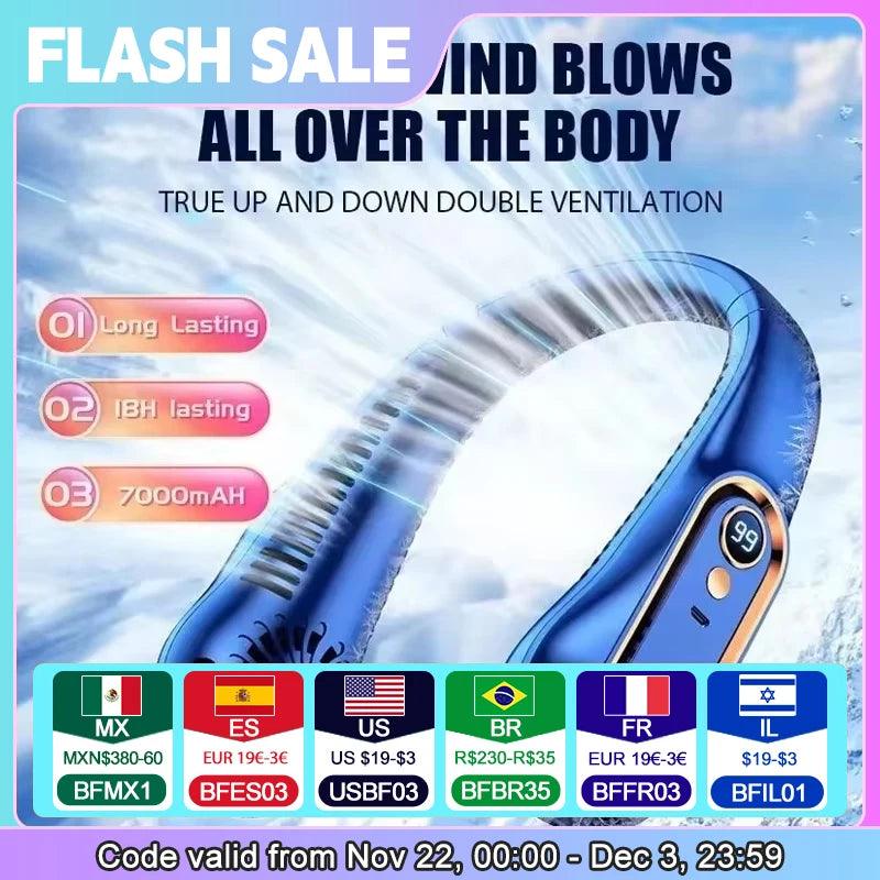 Neck Bladeless Fan Mini Ultra Long Life Portable Lazy Silent Fan Usb Charging Student Sports Office Digital Display Power 5 Gear - WildlifeStyle