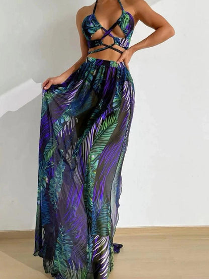 3 Pieces Tie Dye Cross Bikini 2023 Women Sexy Halter Swimsuit & Cover Up Pants Swimwear Bathers Bathing Swimming Suit Beachwear