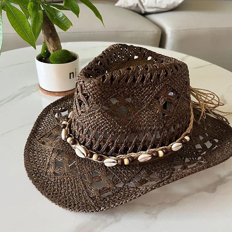 Summer Bohemian Shell Straw Hat Beach Cowboy Wide Brim