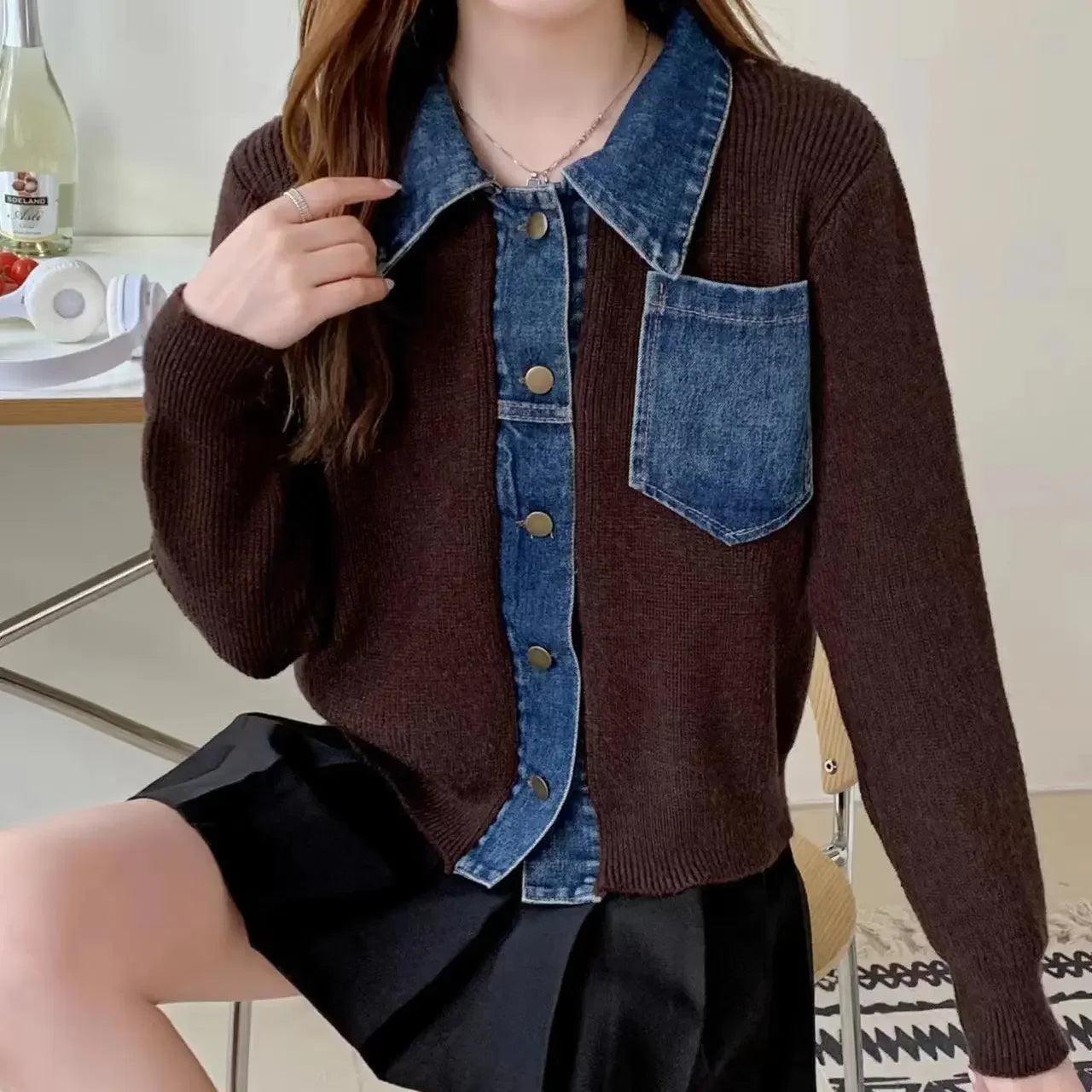 Small Spring Autumn Outerwears Female Jeans Coat Short Black Patchwork Crop Women's Denim Jackets Knitted 2024 New Collection In