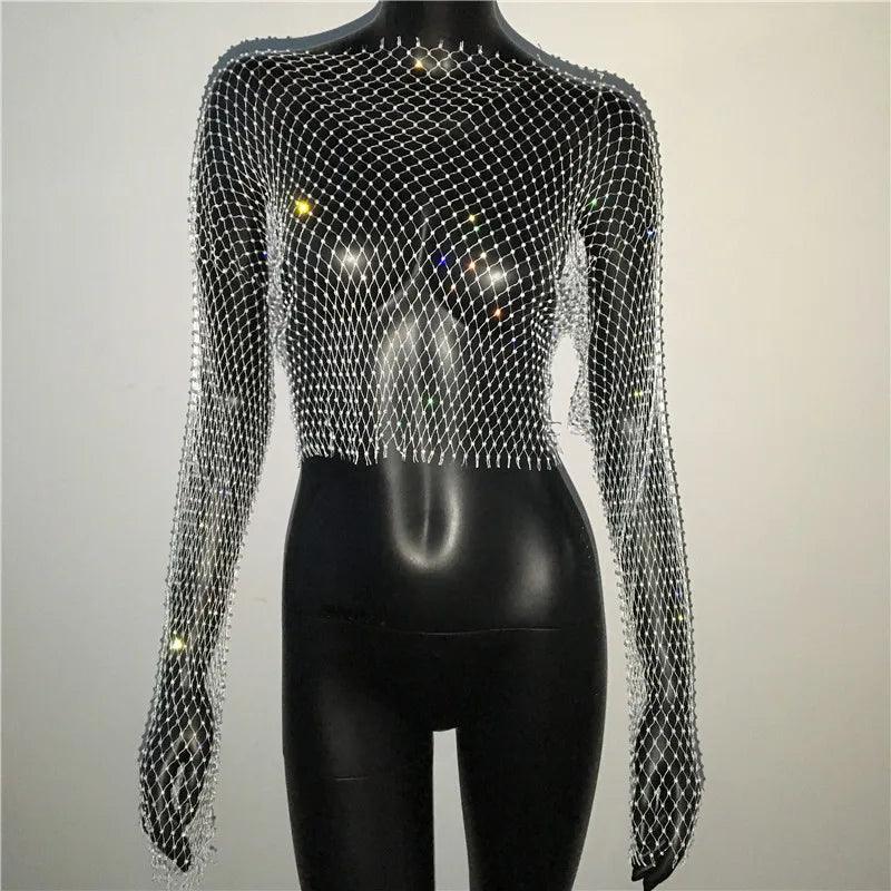 Women Sexy Mesh See Through T Shirt Shiny Rhinestone Fishnet Hollow Out Crop Top Long Sleeve Beach Cover Up Party Club Tank Tops
