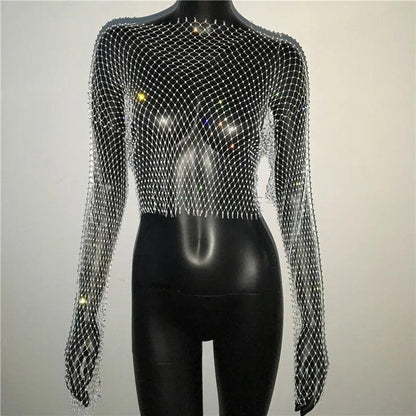 Women Sexy Mesh See Through T Shirt Shiny Rhinestone Fishnet Hollow Out Crop Top Long Sleeve Beach Cover Up Party Club Tank Tops