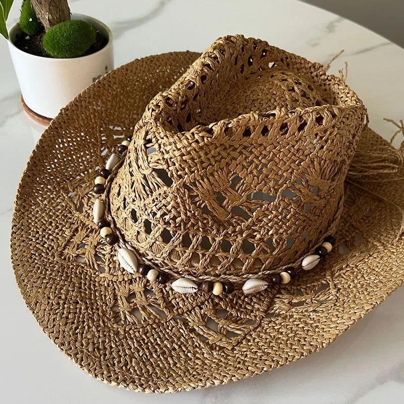 Summer Bohemian Shell Straw Hat Beach Cowboy Wide Brim