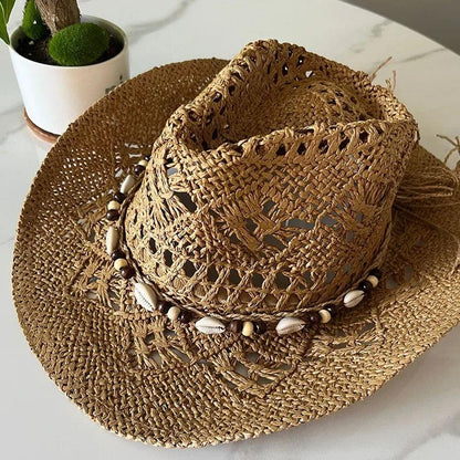 Summer Bohemian Shell Straw Hat Beach Cowboy Wide Brim