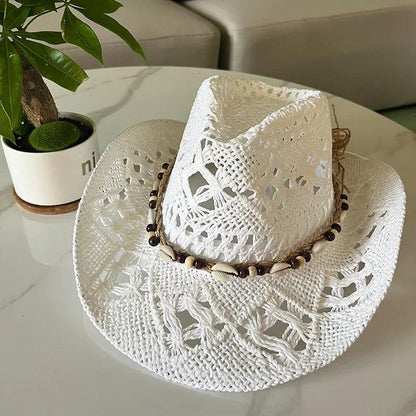 Summer Bohemian Shell Straw Hat Beach Cowboy Wide Brim