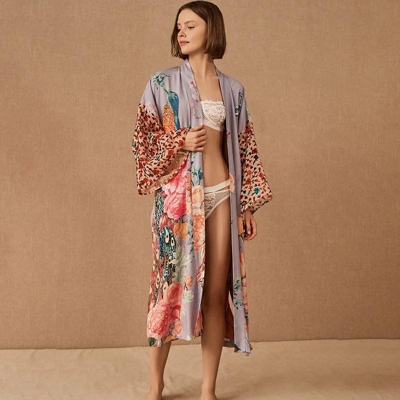 Beach Kimono for Women Peacock Printed Cover Up Dress