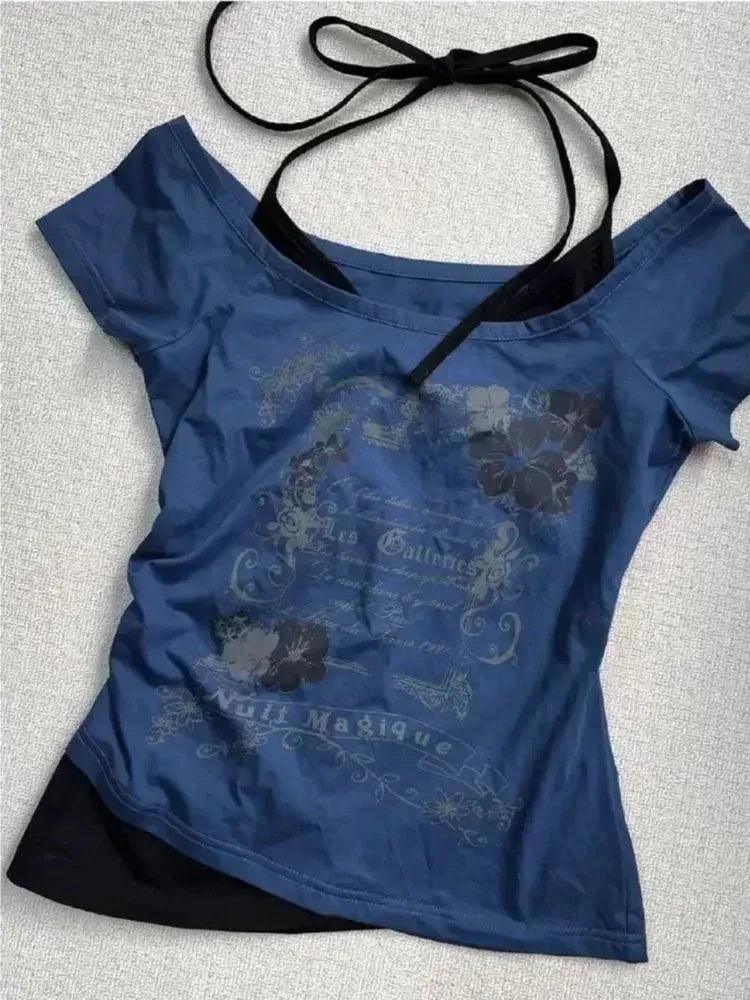 Vintage Fake Two Piece Halter Lace Up T-shirts Y2k Tops