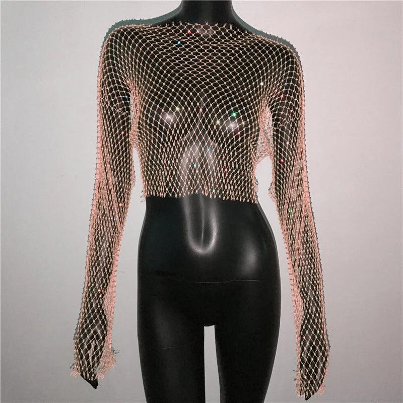 Women Sexy Mesh See Through T Shirt Shiny Rhinestone Fishnet Hollow Out Crop Top Long Sleeve Beach Cover Up Party Club Tank Tops