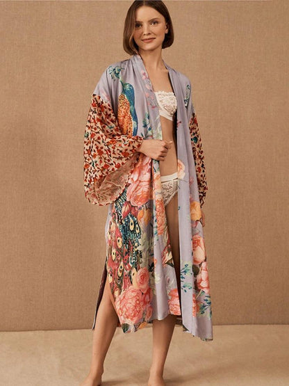 Beach Kimono for Women Peacock Printed Cover Up Dress