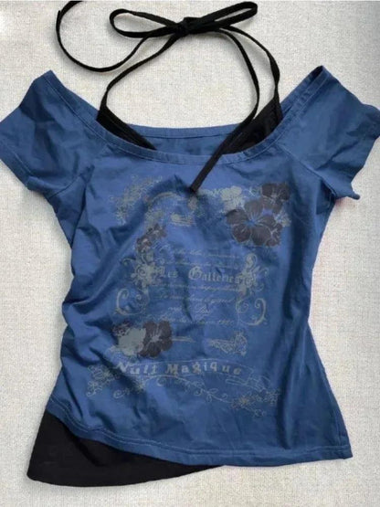 Vintage Fake Two Piece Halter Lace Up T-shirts Y2k Tops