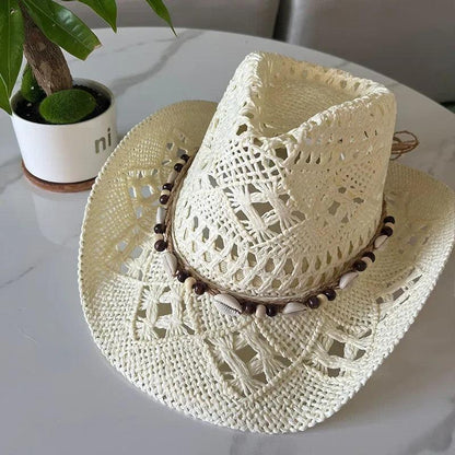 Summer Bohemian Shell Straw Hat Beach Cowboy Wide Brim