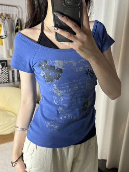 Vintage Fake Two Piece Halter Lace Up T-shirts Y2k Tops