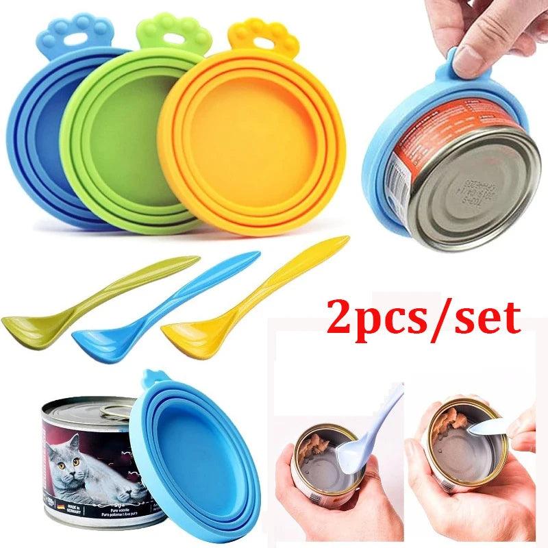 2pcs/set Reusable Pet Food Can Cover Silicone Dogs Cats Storage Tin Cap Lid Seal Cover with Spoon - WildlifeStyle
